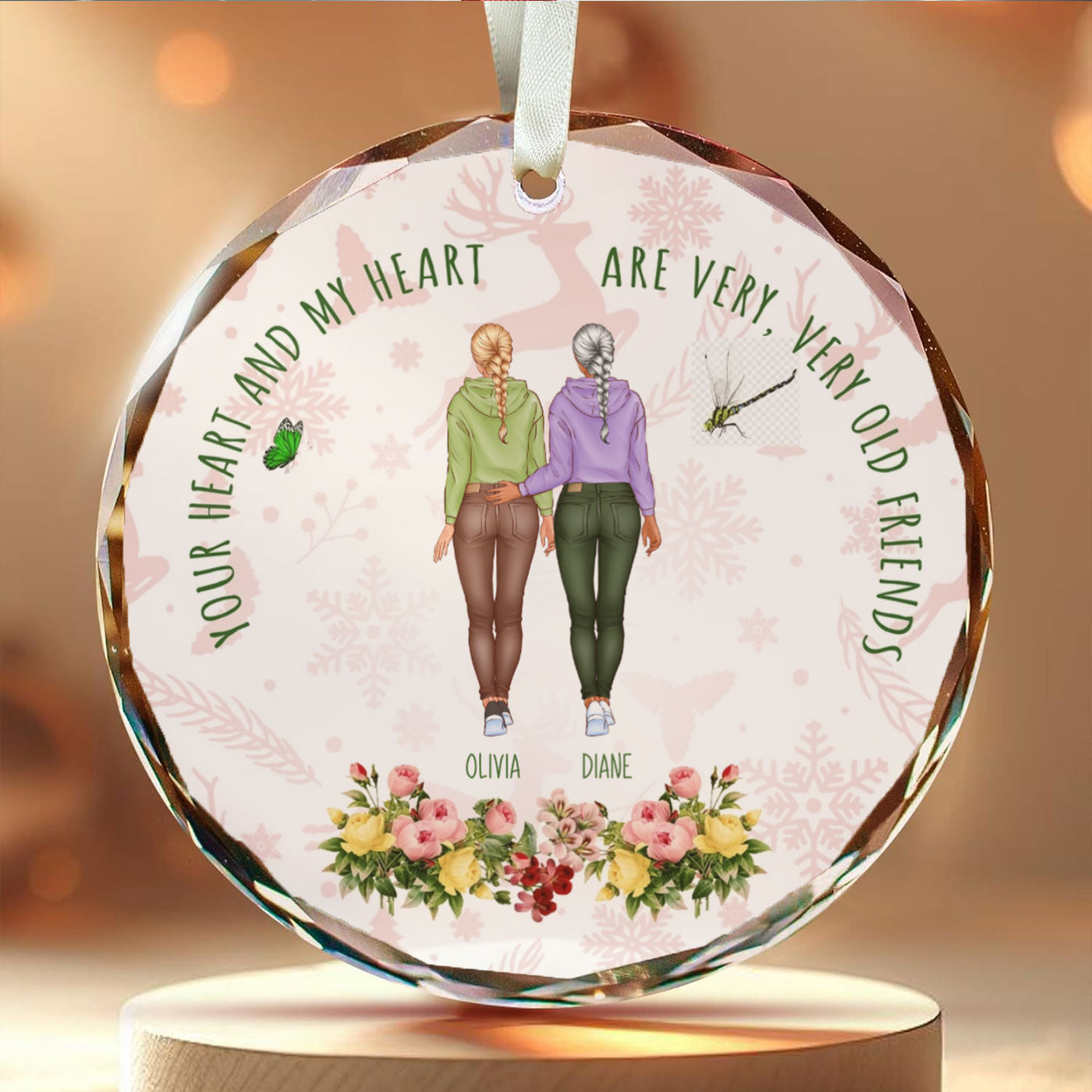 Custom Friendship Christmas Glass Ornament - Your Heart and My Heart